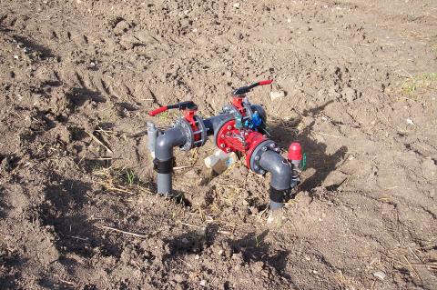 image Salida de tubería y válvula de presión en una plantación de olivos