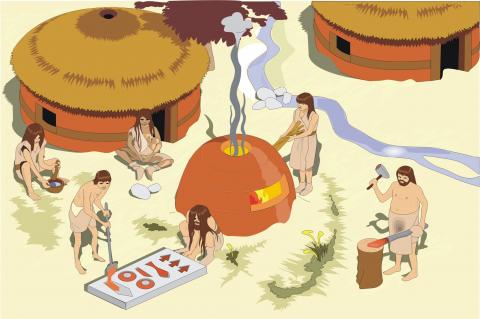 ilustracion Escena de las actividades tipo del Hombre de la Edad de los Metales