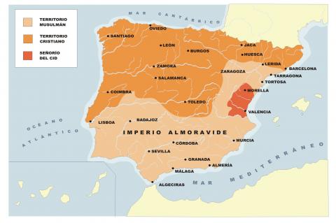 ilustracion Mapa de los territorios controlados por cristianos, musulmanes y el Cid en la Península Ibérica