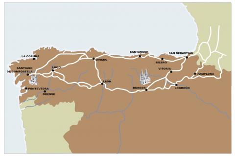 ilustracion Mapa del Camino de Santiago en la Edad Media