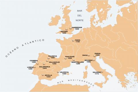 ilustracion Mapa de localización de las universidades europeas en la Edad Media