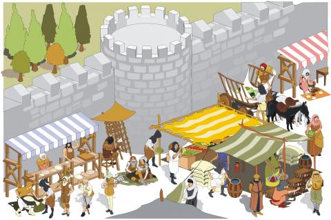ilustracion Escenario representativo de un mercado en la Edad Media