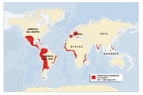 ilustracion Mapa de los territorios españoles con Felipe II
