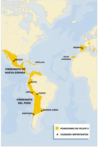 ilustracion Mapa de las posesiones de Felipe II en América