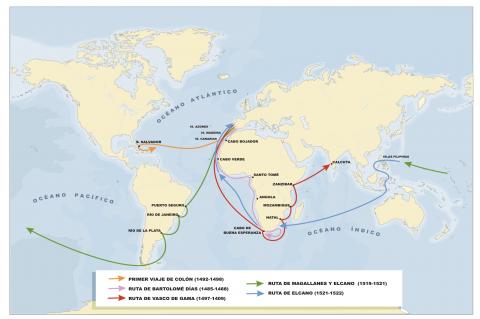ilustracion Mapa de las principales rutas marítimas descubiertas en la Edad Moderna