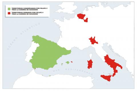 ilustracion Mapa de los territorios conservados y perdidos por Felipe V en Europa tras la Guerra de Sucesión