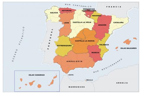 ilustracion Mapa político de la división de España en provincias en 1833