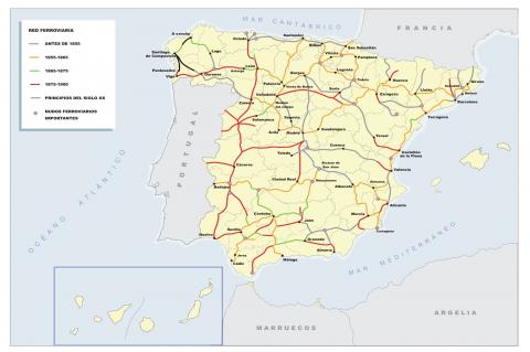 ilustracion Mapa ferroviario de España entre los s. XIX y XX