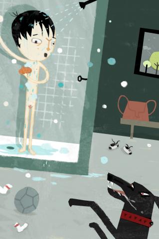 ilustracion Los cachorros: Un perro furioso ataca a Cuéllar en las duchas