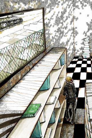 ilustracion La forma de la espada: Moon, en la biblioteca, hablaba con alguien por teléfono