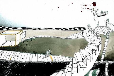 ilustracion La forma de la espada: Sé que perseguí al delator a través de negros corredores de pesadilla y de hondas escaleras de vértigo