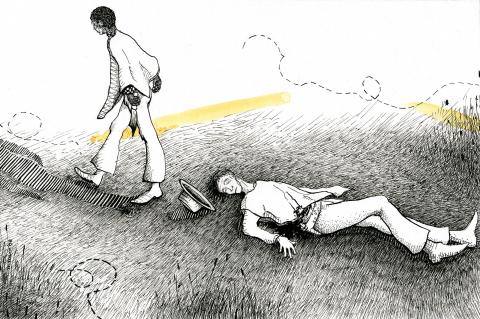 ilustracion El fin: Limpió el facón ensangrentado en el pasto y volvió a las casas con lentitud, sin mirar hacia atrás