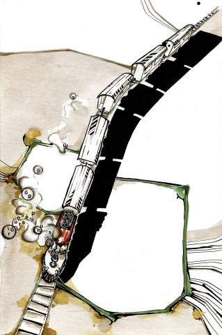 ilustracion El Sur: Afuera la móvil sombra del vagón se alargaba hacia el horizonte