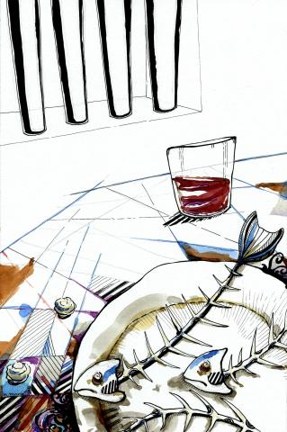 ilustracion El Sur: El patrón le trajo sardinas y después carne asada; Dahlmann las empujó con unos vasos de vino tinto