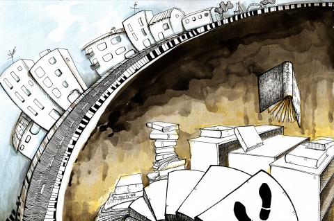 ilustracion El libro de arena: Recordé haber leído que el mejor lugar para ocultar una hoja es un bosque