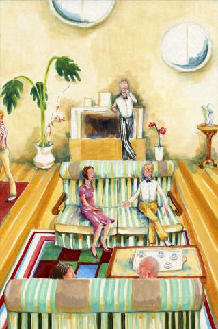 ilustracion Diez negritos: los invitados charlan animadamente mientras esperan el café