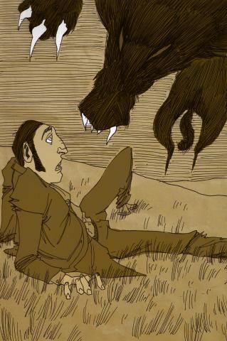 ilustracion El perro de Baskerville: Sir Henry es atacado por el sabueso