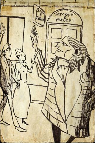 ilustracion Canción de Navidad: Scrooge, transformado, felicita las fiestas a la gente