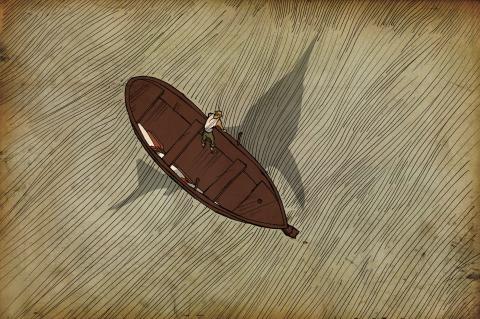 ilustracion El viejo y el mar: El pez pasa bajo la lancha