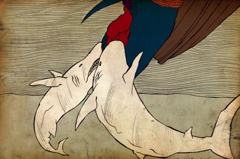 ilustracion El viejo y el mar: Los tiburones devoran el pez