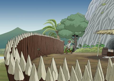 ilustracion Robinson Crusoe: Levanta la empalizada de su cabaña