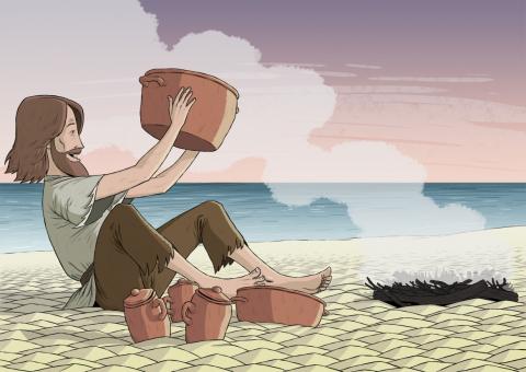 ilustracion Robinson Crusoe: Consigue hacer ollas y potes
