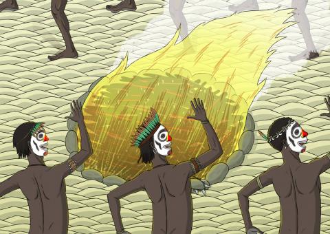 ilustracion Robinson Crusoe: Los salvajes bailando