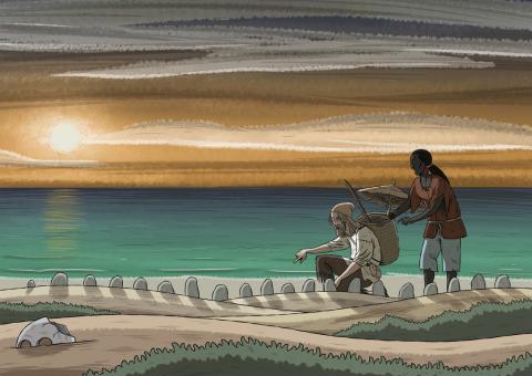ilustracion Robinson Crusoe: Viernes alinea piedras para que Robinson cuente a las personas sacrificadas en un ritual caníbal