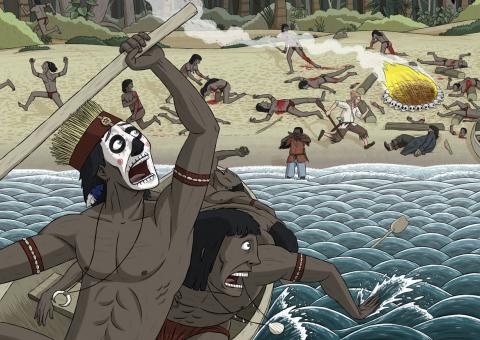 ilustracion Robinson Crusoe: Atacan a los salvajes