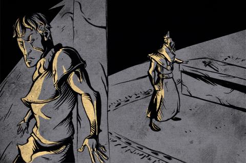 ilustracion Hamlet: Rey ante el sepulcro mientras Hamlet lo espía