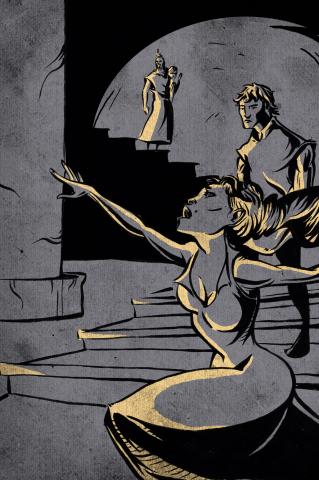 ilustracion Hamlet: Rey, Laertes y Ofelia cantando