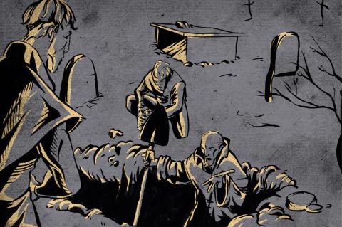 ilustracion Hamlet: Hamlet y Horacio hablando con los sepultureros