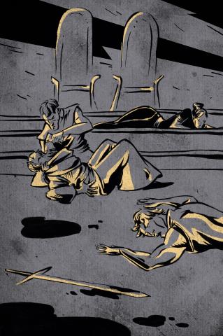 ilustracion Hamlet: Hamlet dando veneno al rey tras su duelo con Laertes