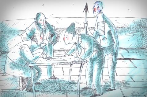 ilustracion Moby-Dick: Firmando el contrato con los copropietarios del Pequod