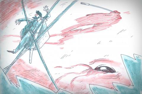 ilustracion Moby-Dick: Atado a la espalda de la ballena