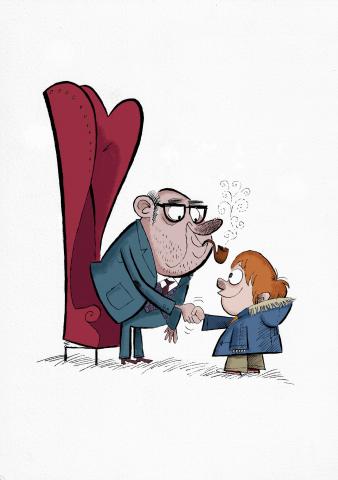 ilustracion La historia interminable: El señor Koreander y Bastián estrechan su mano