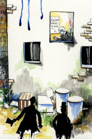 ilustracion El extraño caso del doctor Jekyll y el señor Hyde: Utterson y Einfield bajo la ventana de la casa del Dr. Jekyll