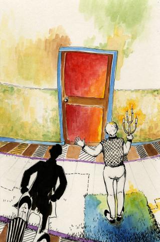 ilustracion El extraño caso del doctor Jekyll y el señor Hyde: El mayordomo Poole y Utterson llaman a la puerta del gabinete de Jekyll