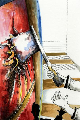 ilustracion El extraño caso del doctor Jekyll y el señor Hyde: Poole y Utterson rompen a hachazos la puerta del gabinete de Jekyll