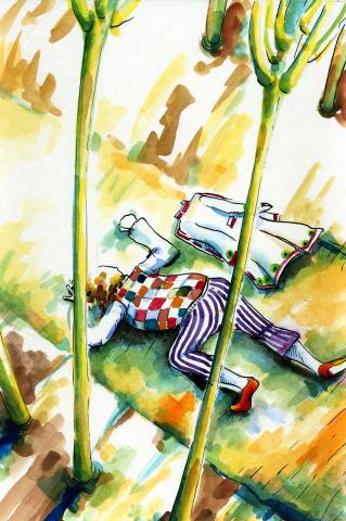 ilustracion Los viajes de Gulliver: Gulliver desesperado en el país de los gigantes