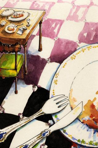 ilustracion Los viajes de Gulliver: Gulliver come en la mesa Real