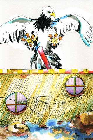 ilustracion Los viajes de Gulliver: Un águila va a atrapar la caja donde está descansando Gulliver