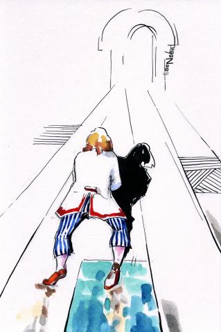 ilustracion Los viajes de Gulliver: Gulliver lamiendo el suelo