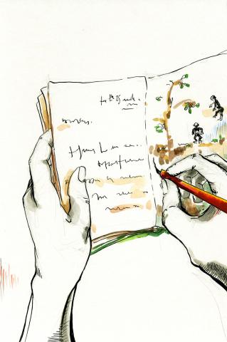 ilustracion Los viajes de Gulliver: Gulliver anotando en su cuaderno