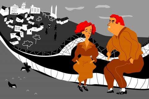 ilustracion La plaza del Diamante: Natalia le cuenta a Quimet que ha dejado a Pedro