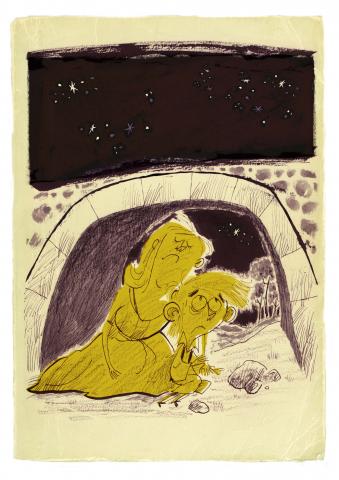 ilustracion La isla del tesoro: Jim y su madre se esconden de los piratas