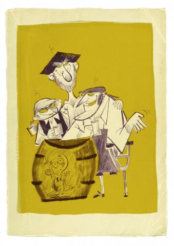 ilustracion La isla del tesoro: Jim escondido en el tonel de manzanas