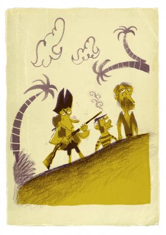 ilustracion La isla del tesoro: El doctor, Ben Gunn y Gray aparecen de pronto