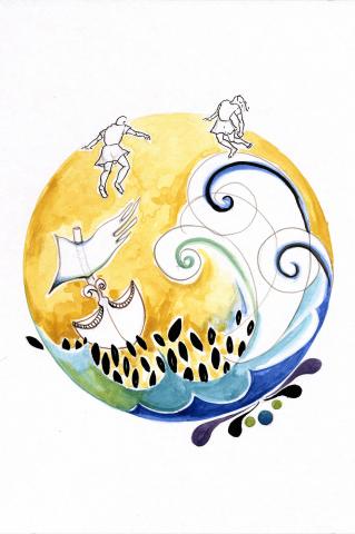 ilustracion La Odisea: Ulises y sus hombres luchando contra Escila y Caribdis