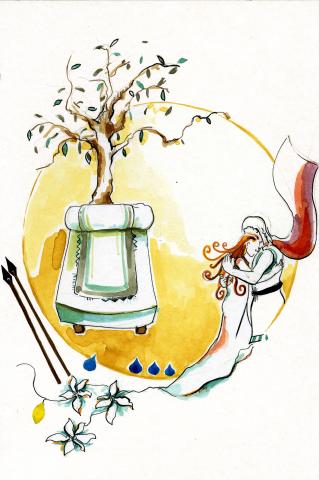 ilustracion La Odisea: Ulises y Penélope se abrazan